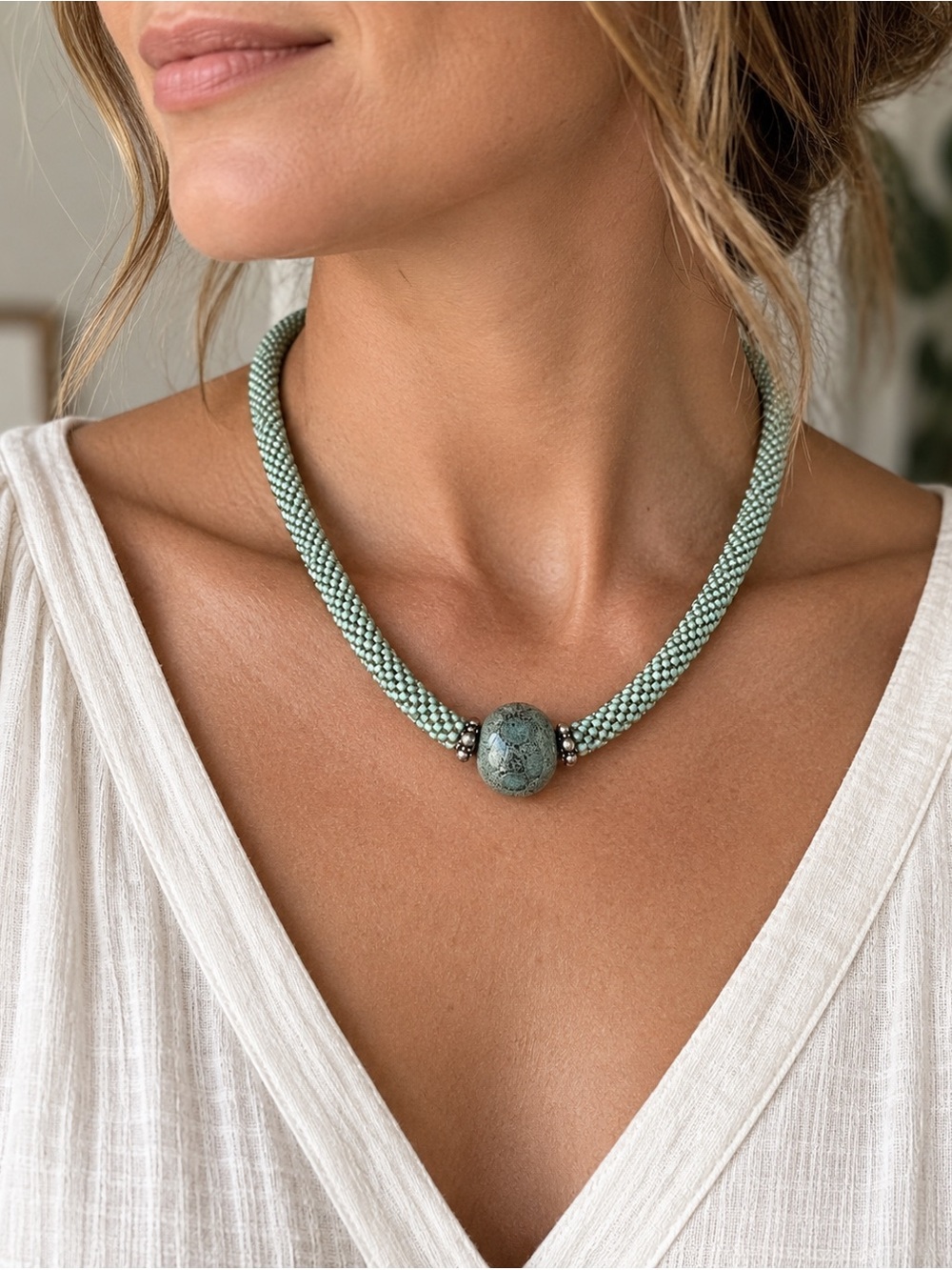 Jade Green Seed Bead Necklace Artisan Boho Statement 18”